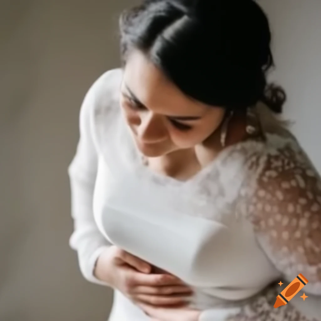 Emotional Malay wedding woman experiencing stomach pain