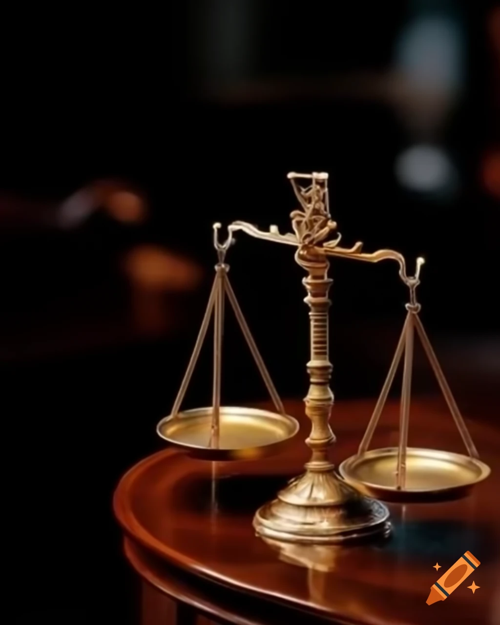 Elegant golden scales of justice on polished wooden table with warm ...