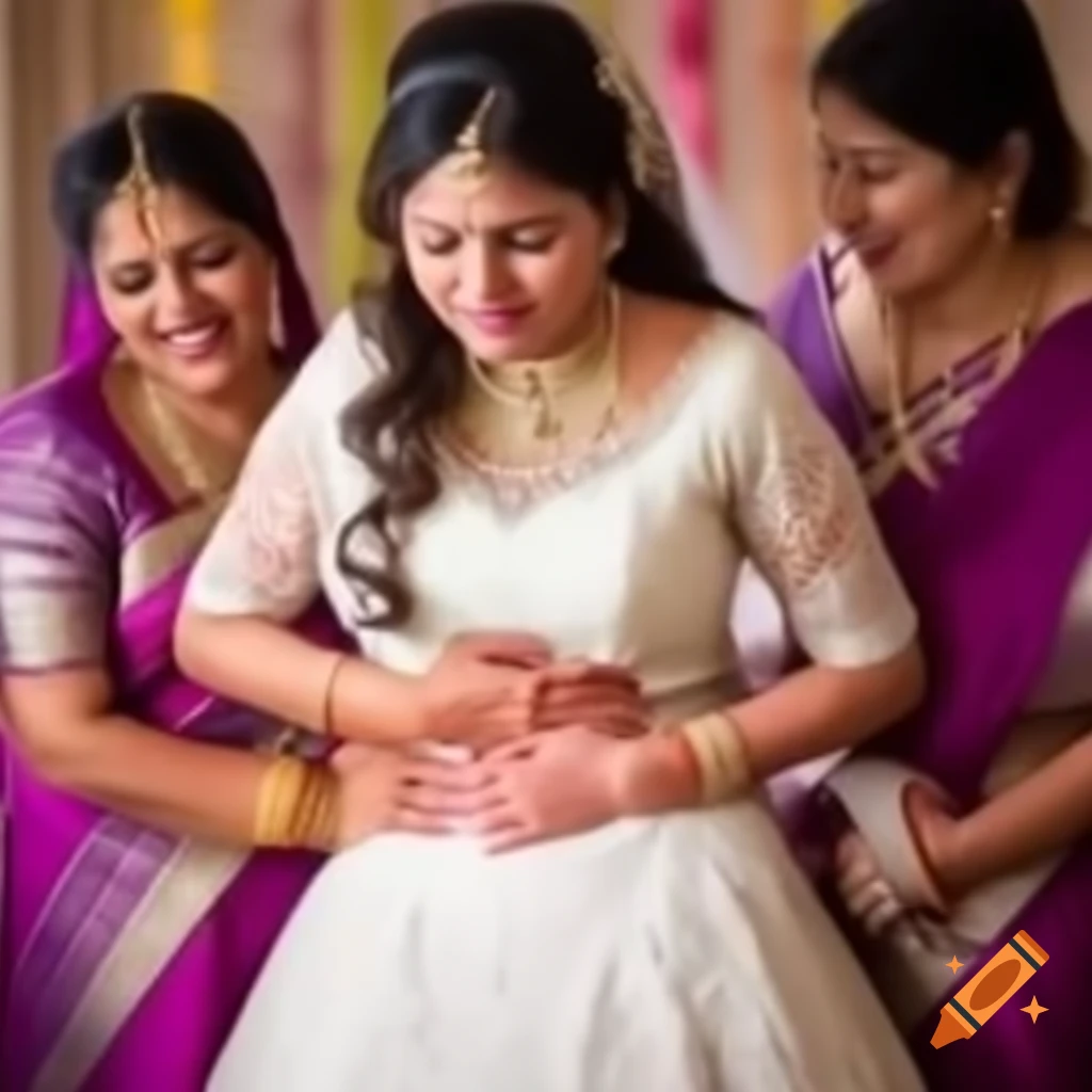 Emotional Malay wedding woman experiencing stomach pain