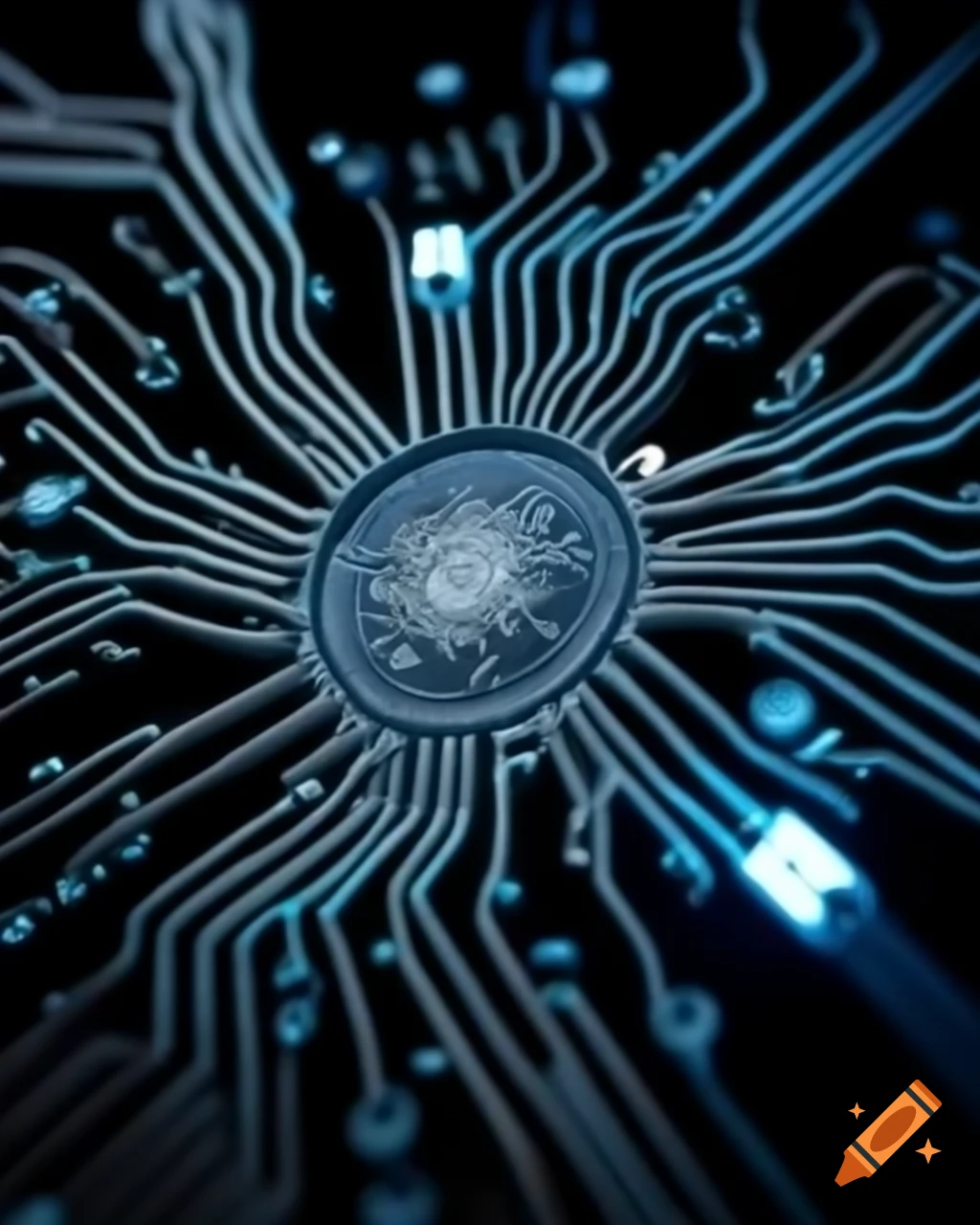 Intricate circuit mandala made of wires and microchips on Craiyon