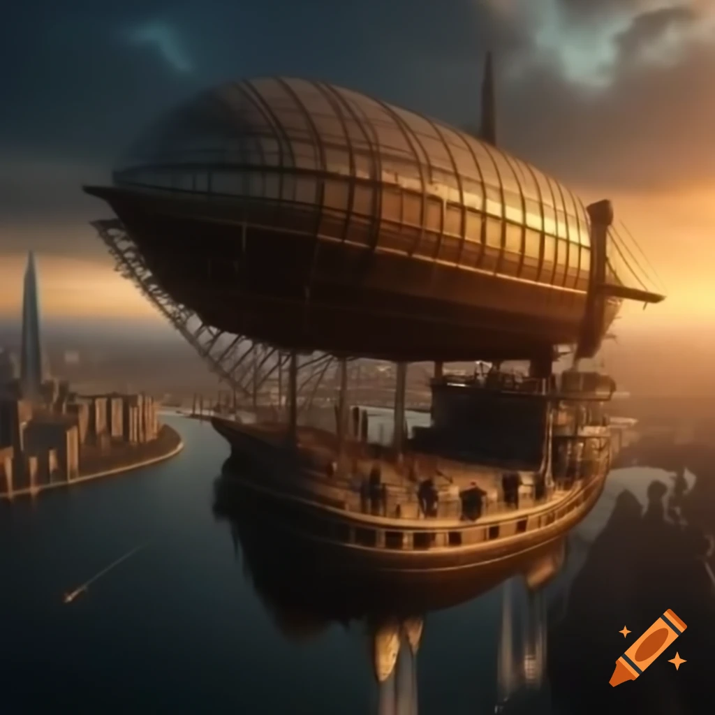 Steampunk airship flying over city at sunset with dark wood and brass ...