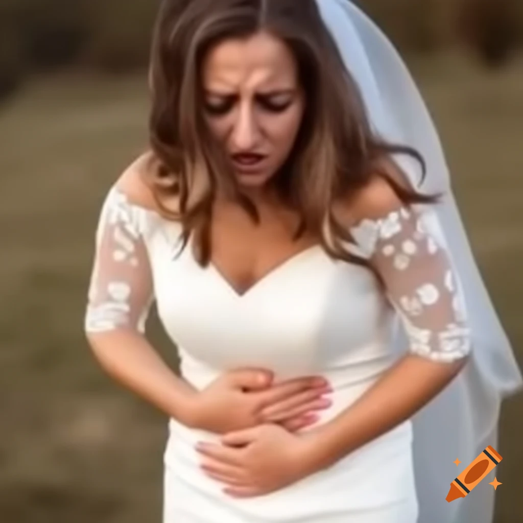 Emotional Malay wedding woman experiencing stomach pain