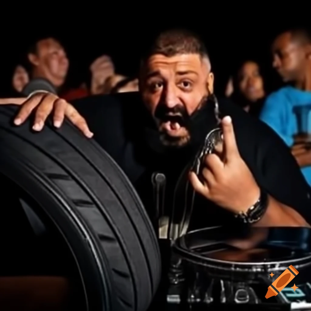 Dj Khaled expressing anger while eating a tire