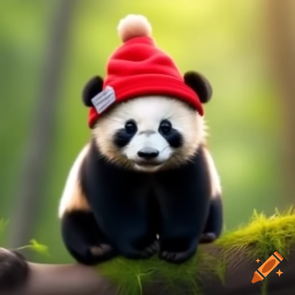 Cute tiny panda wearing a red hat