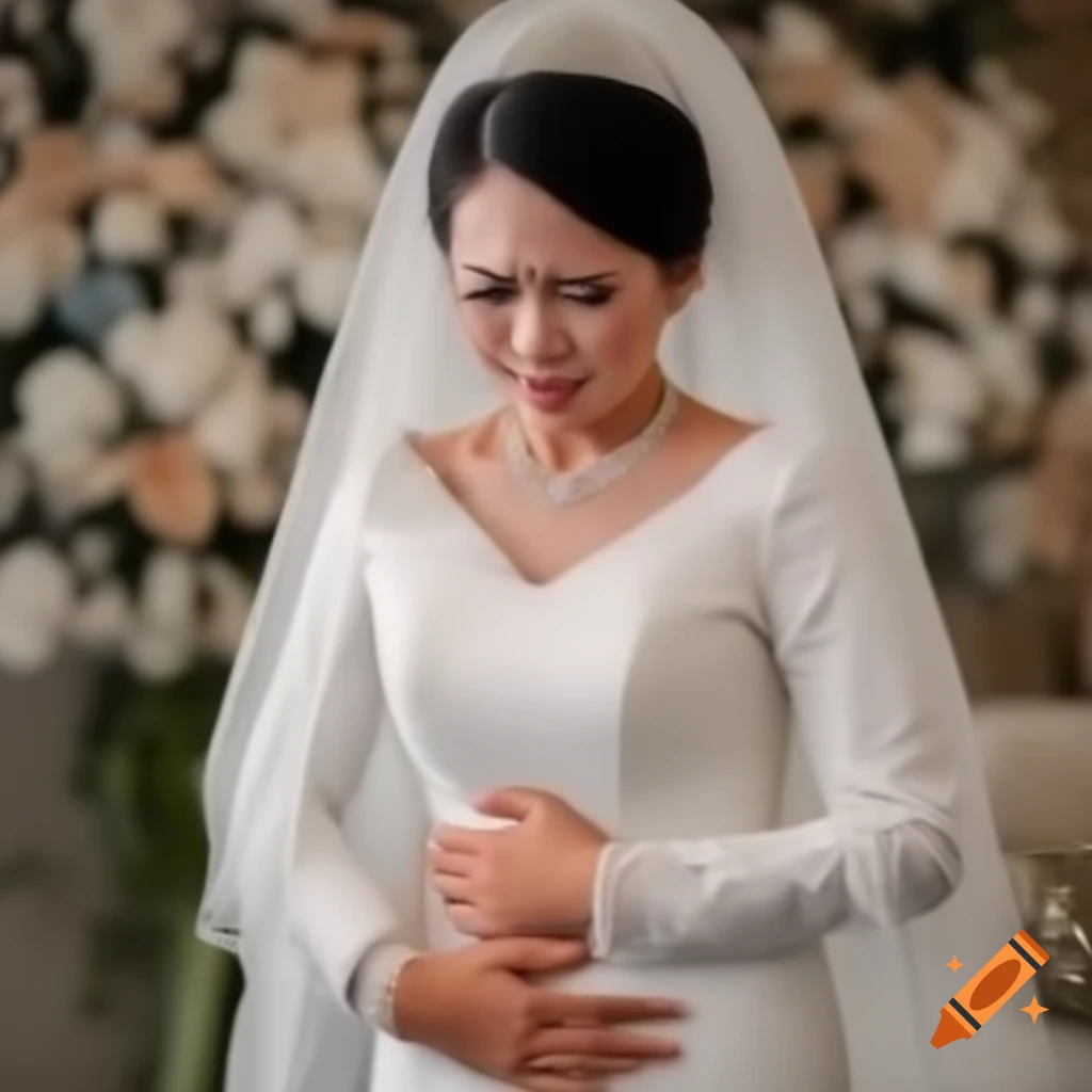 Woman in traditional Malay wedding attire showing signs of distress