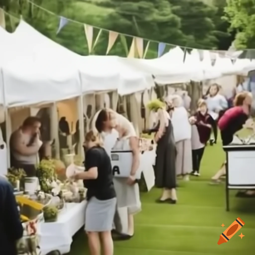 Bunting stalls and flowers at a church gala day with games