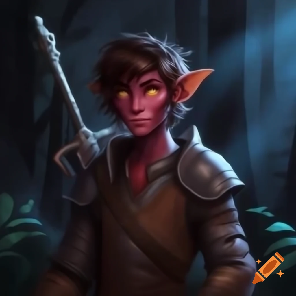 Young male tiefling with dark red skin, brown tousled hair, short horns, and mechanical arm