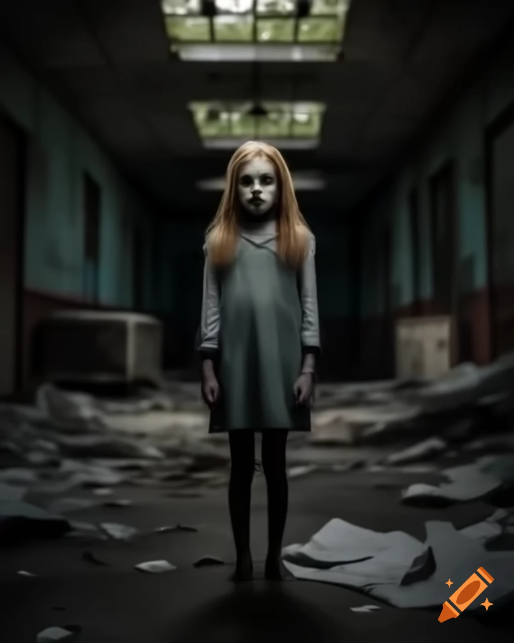 Scary girl in abandoned hospital setting