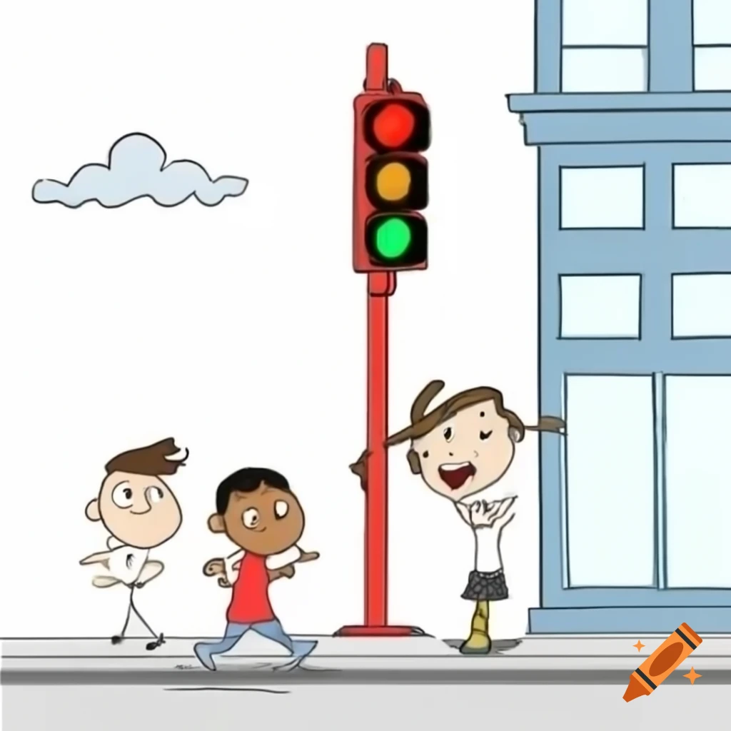 Cartoon of boy and girl waiting at red traffic light with buildings