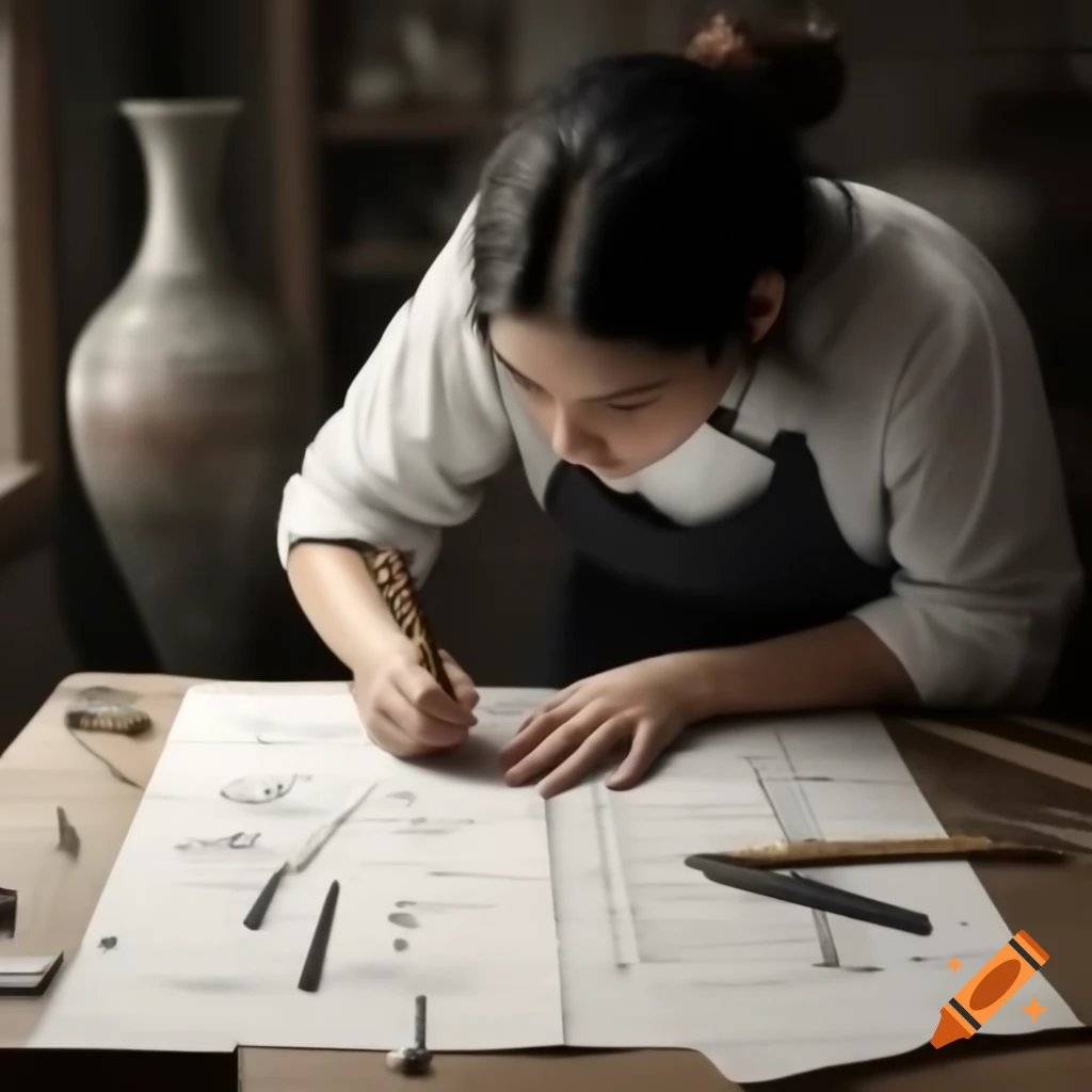 Art student shaping a grandiose vase with precision tools