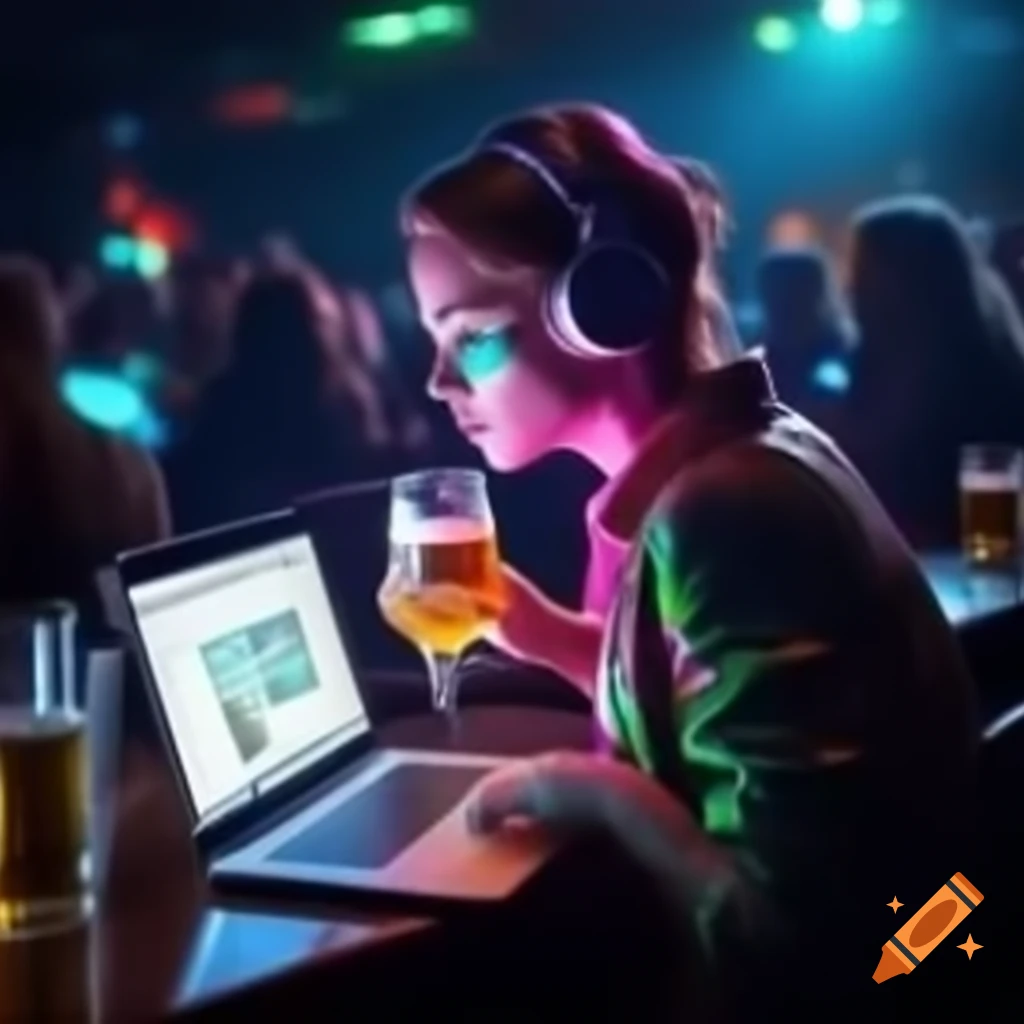 IT student at colorful party in datacenter with laptop and servers