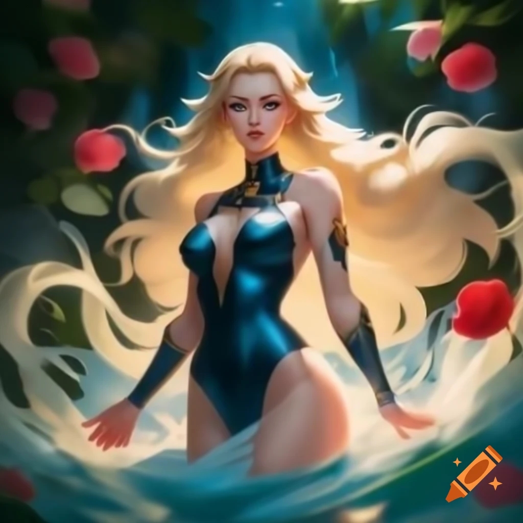 Artistic illustration of Hera, goddess of marriage, in divine bodysuit with flowing hair and glowing blue eyes