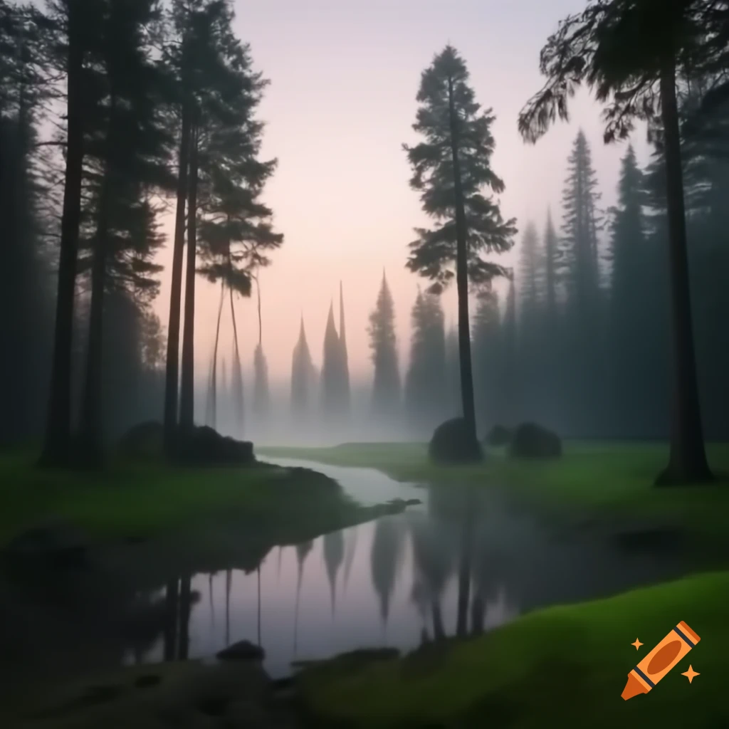 Foggy forest at dawn with pine trees and calm river