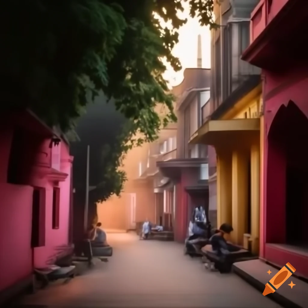 Quiet small town with peepal trees, pink walls, chai stalls, warm golden light