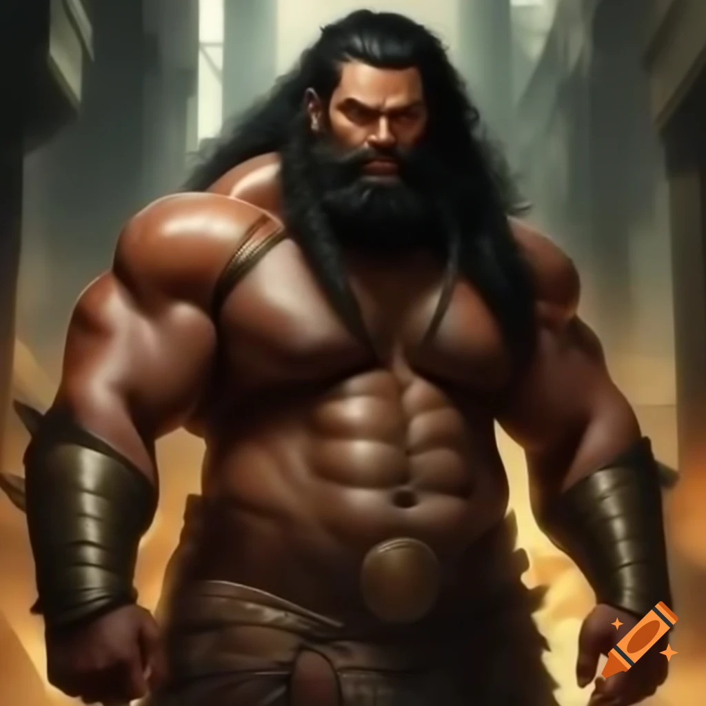 Muscular male warrior with brown skin, long black hair, and golden accessories in light pants