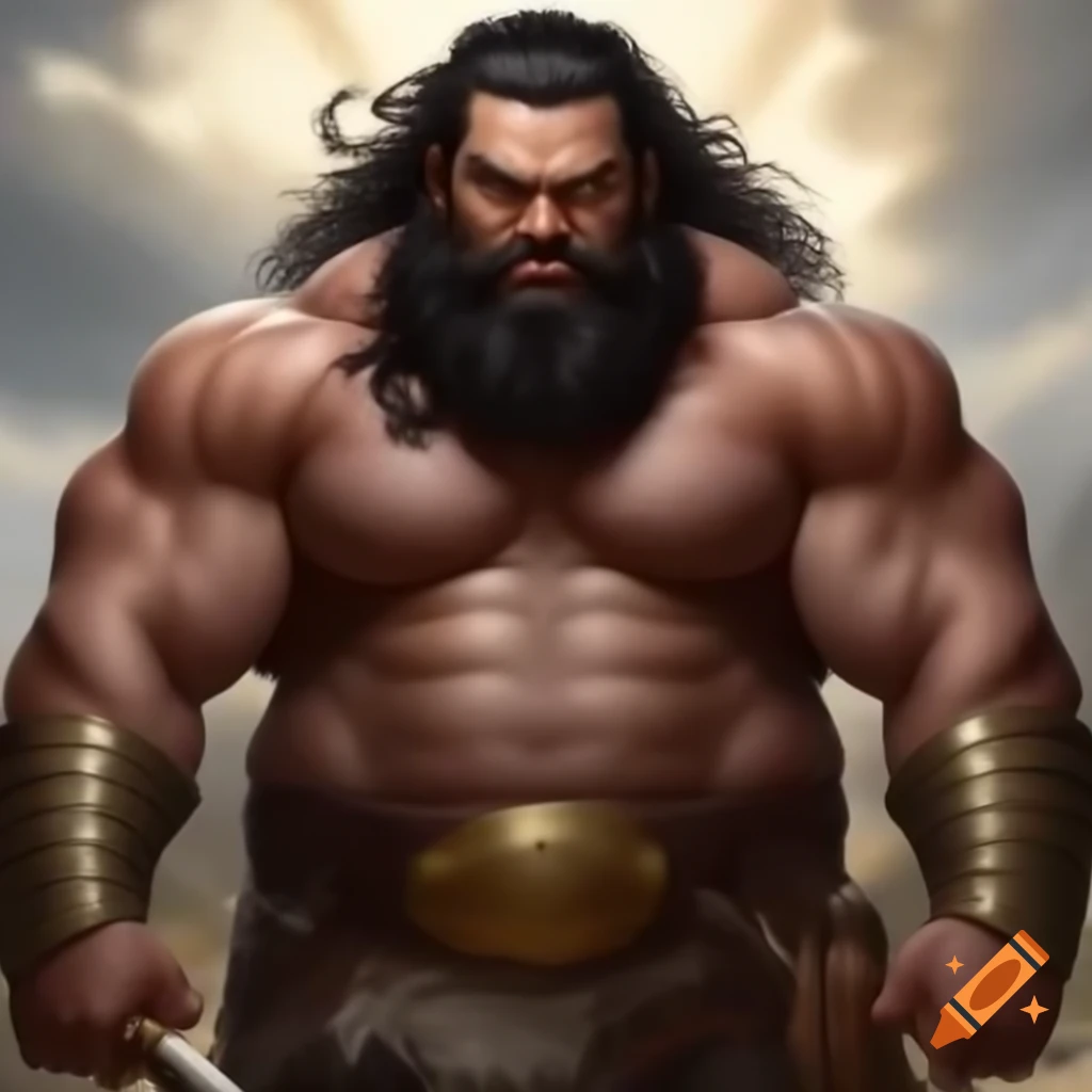 Muscular male warrior with brown skin and long black hair, adorned with golden hoops