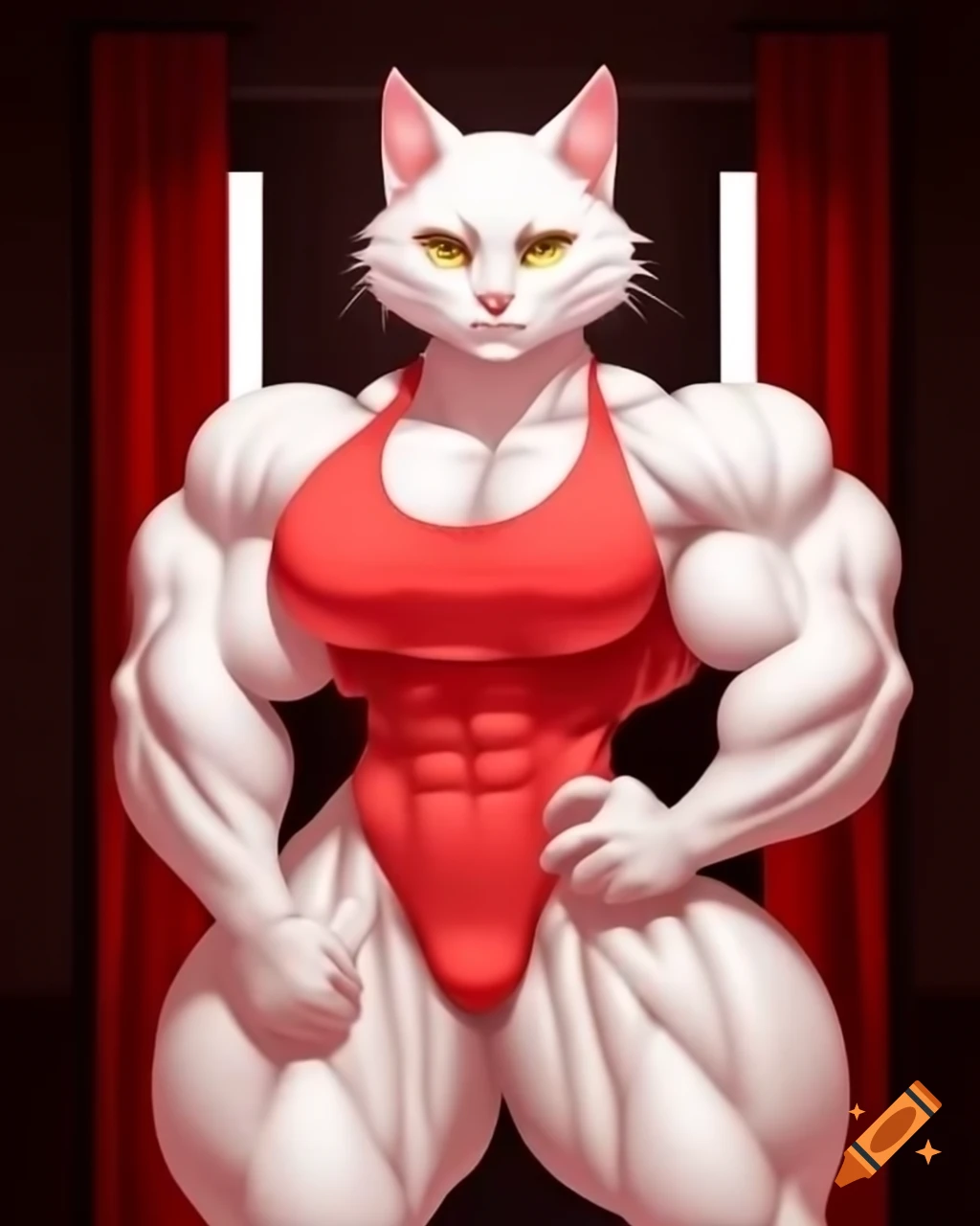 Elegant muscular anthro white cat woman with red accents, showcasing fitness