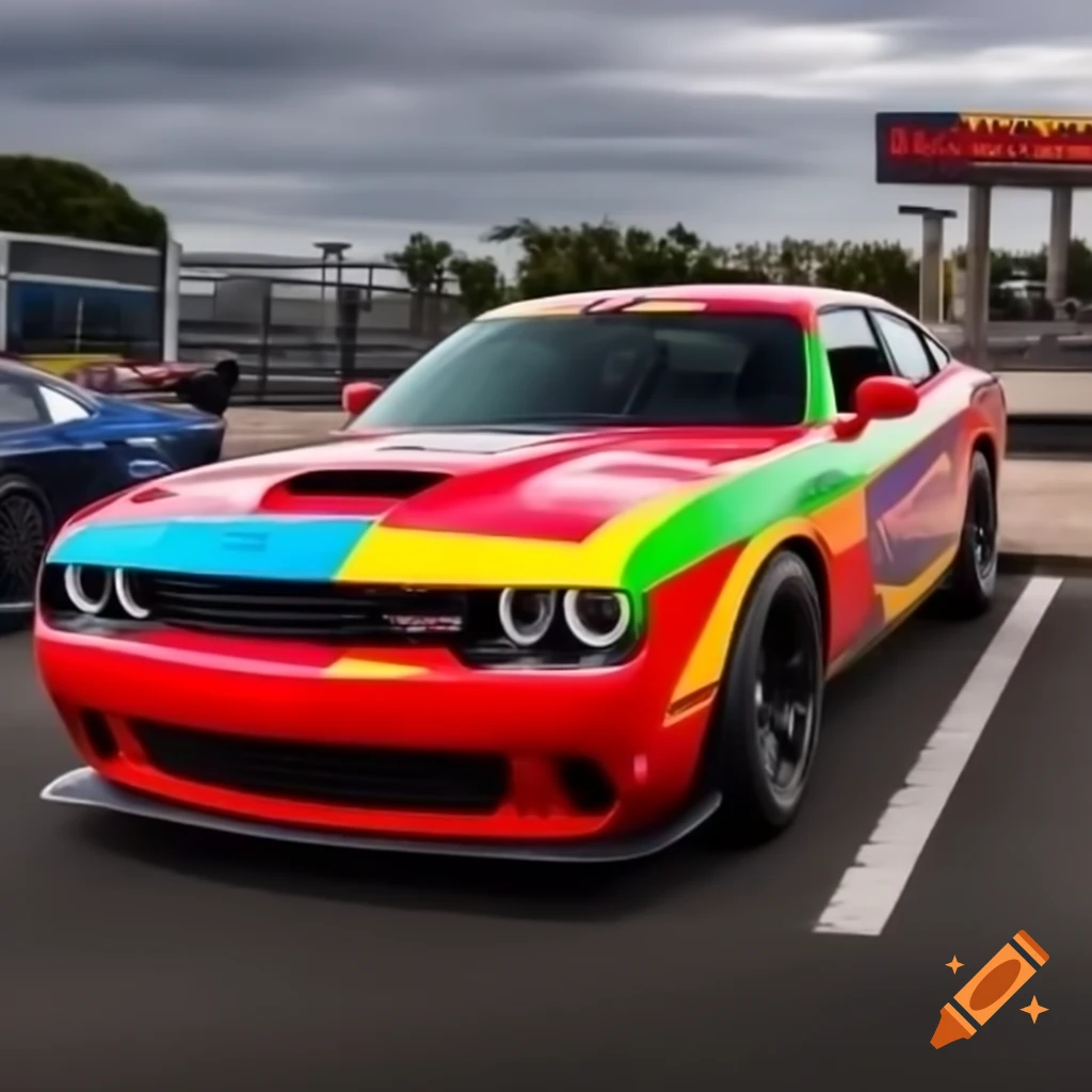 Colorful fun character beside a Dodge Charger Daytona with large spoiler