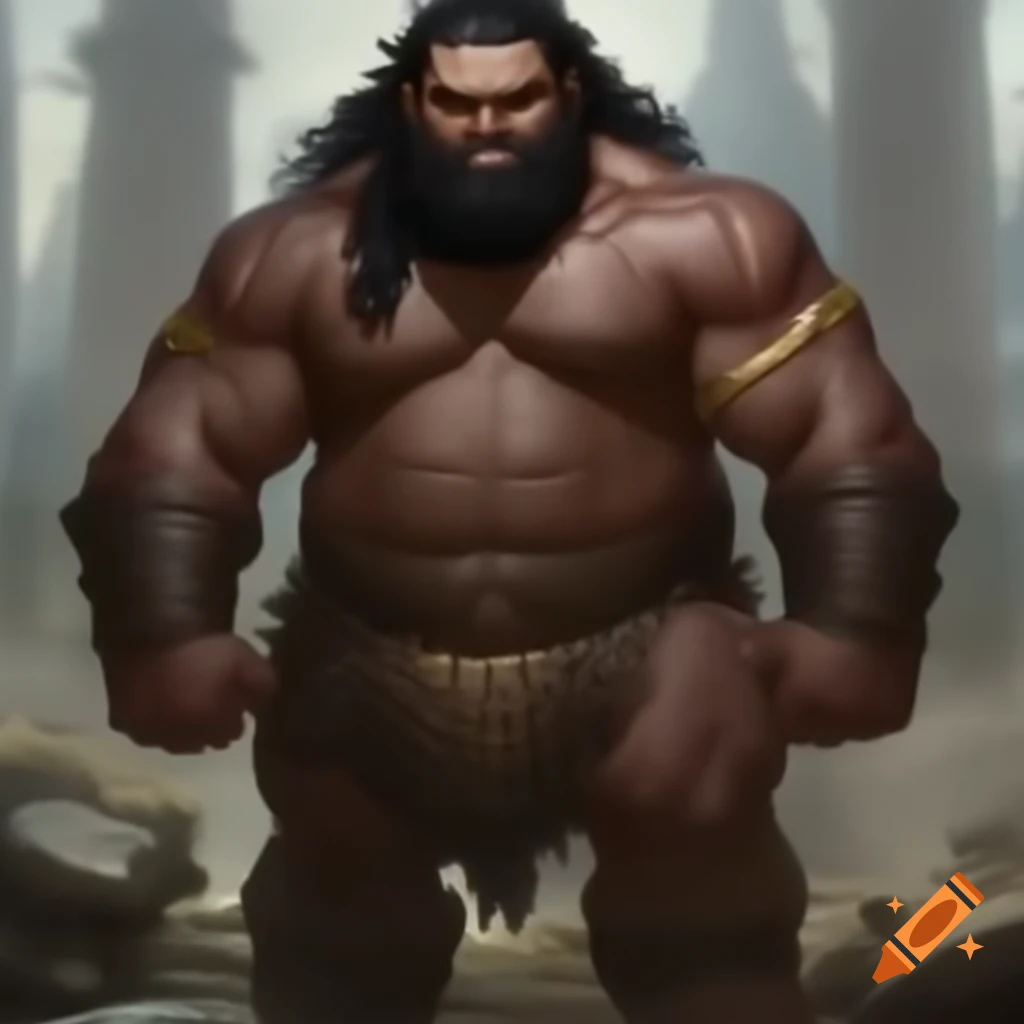 Muscular male warrior with brown skin, long black hair, and golden accessories in light pants