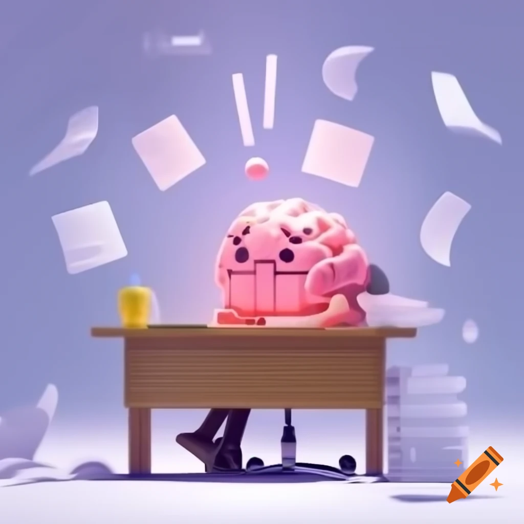 Tired brain character at cluttered desk with crumpled papers and coffee mug