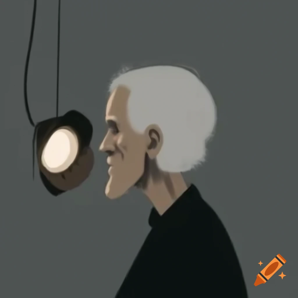 Minimalist sketch of a white haired man positioning a theatre light in darkness