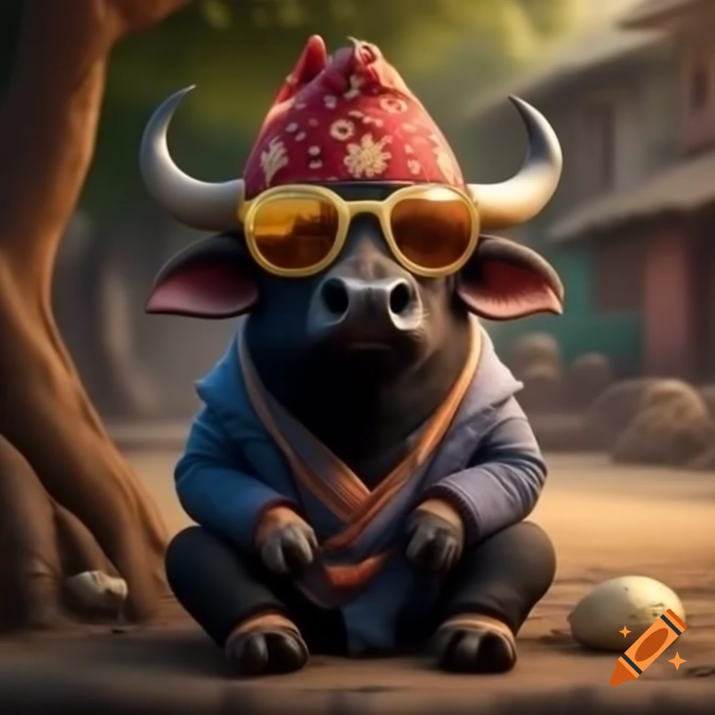 Cartoon buffalo in Nepali dhaka topi and sunglasses under peepal tree