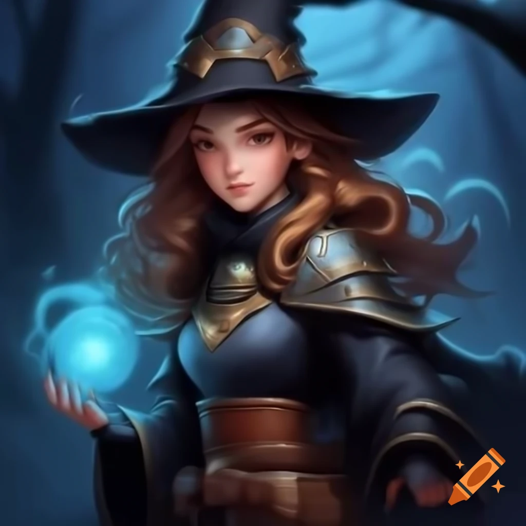 Young female sorceress in indigo cloak and pointed hat, digital art