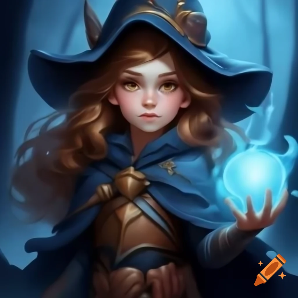 Young female sorceress in indigo cloak and pointed hat, digital art