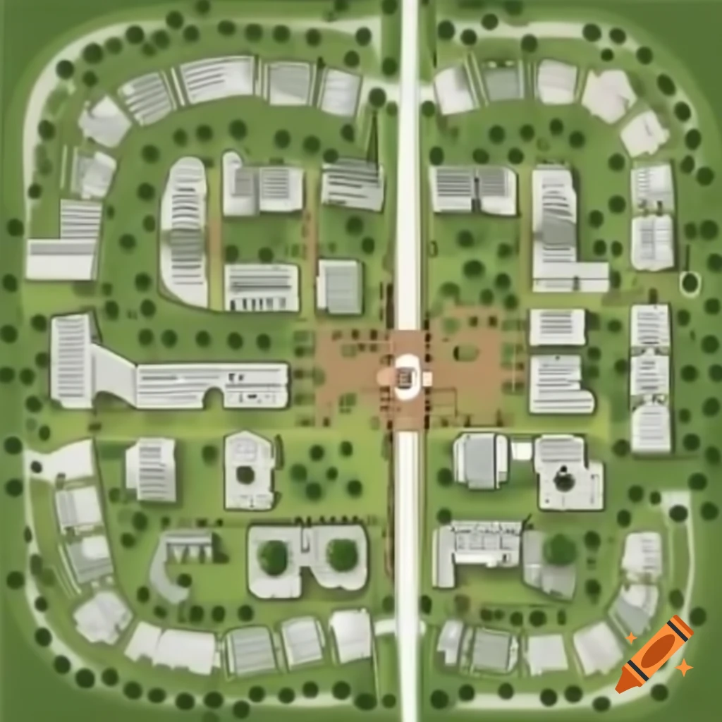 Town plan featuring residential areas, police station, railway station, EV charging station, temples, school, commercial buildings, sports arena, and trees