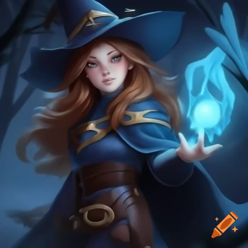 Young female sorceress in indigo cloak and pointed hat, digital art