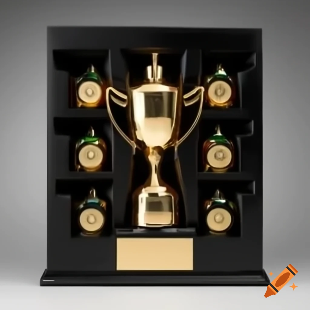 Trophy with box of fireball bottles on top and LEAR base on Craiyon