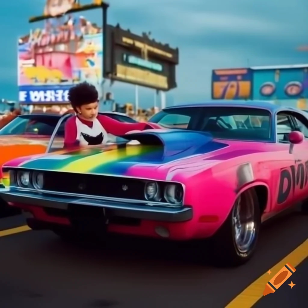 Colorful fun character beside a Dodge Charger Daytona with large spoiler