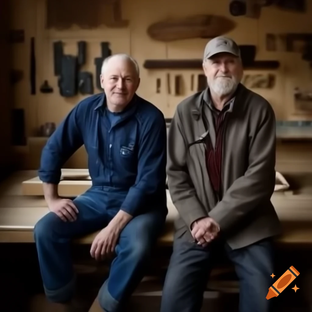 Two men working in a woodworking shop with tools on the bench