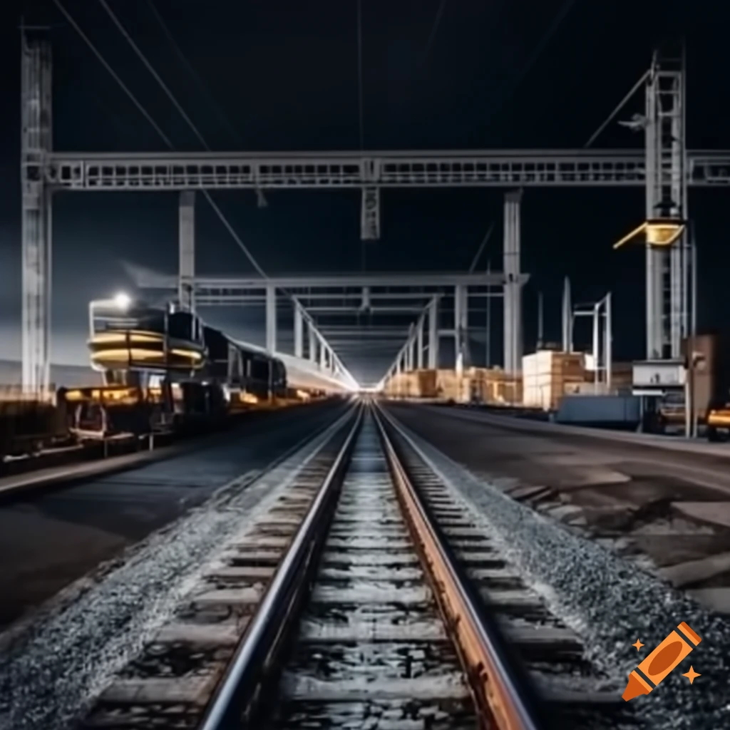 Railway construction site illuminated at night