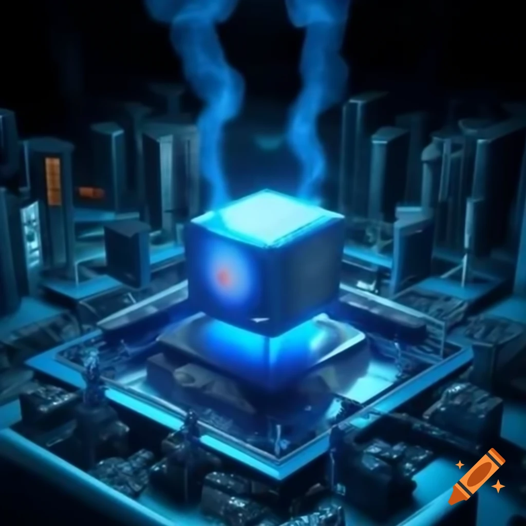 Large blue AI machinery with cooling fans and advanced technology