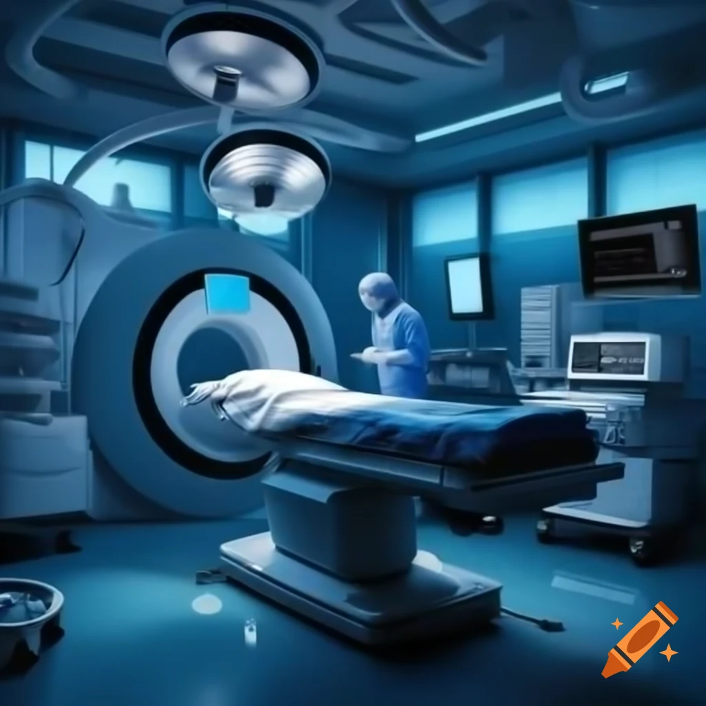 Futuristic hospital surgery room with AI and robotic tools