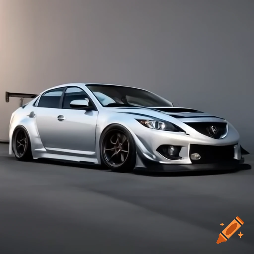 Stylish silver 2012 Mazda 6 sedan with JDM-style body kit and aggressive modifications