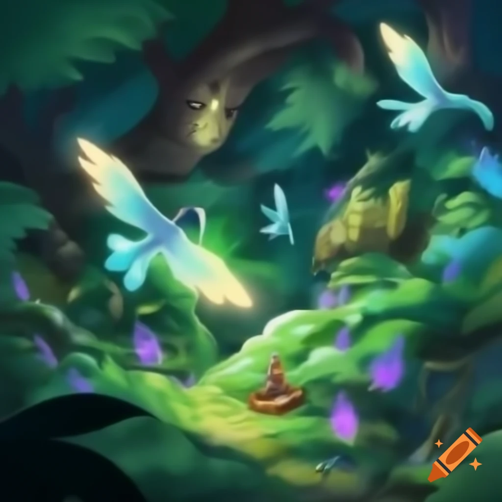 Magical forest with flying kazoos, glowing plants, and a wizard on Craiyon