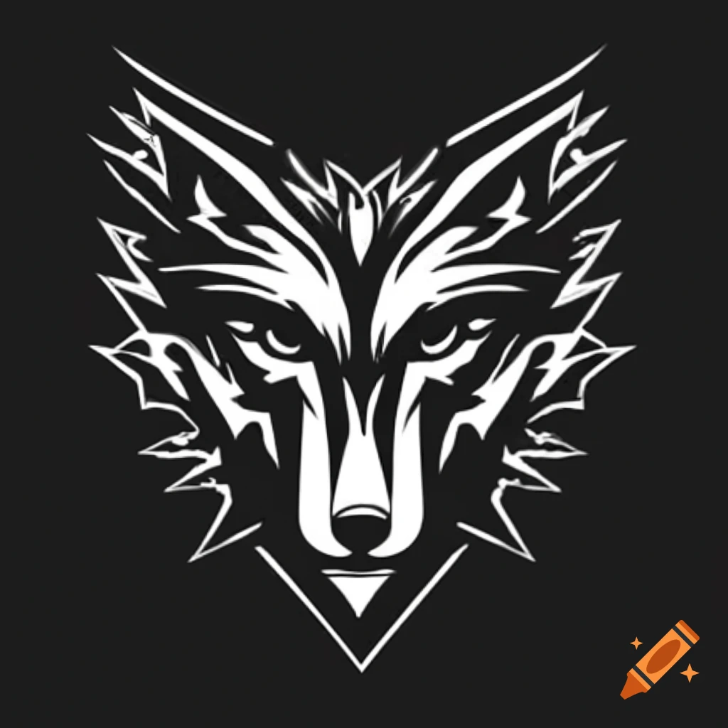Stylized black and white aggressive wolf head design