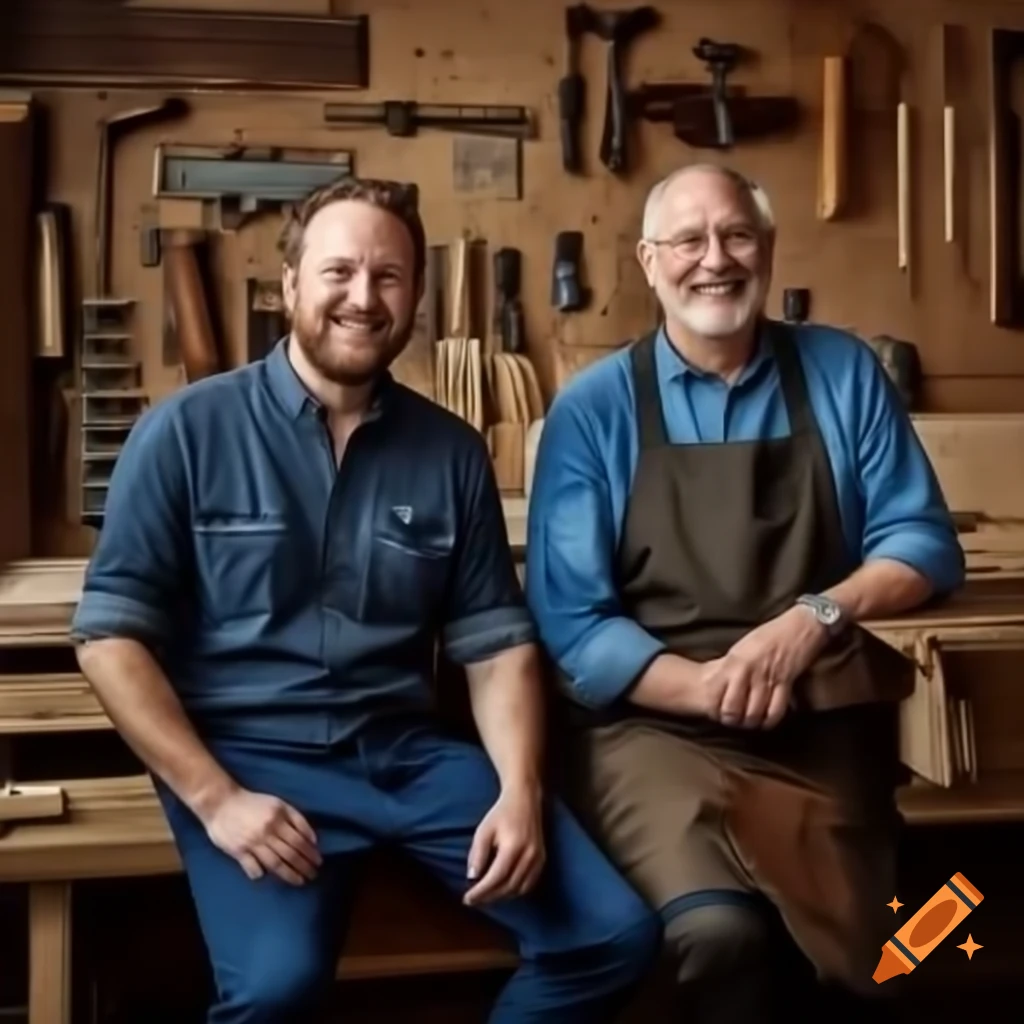 Two smiling men in woodworking shop with tools on bench