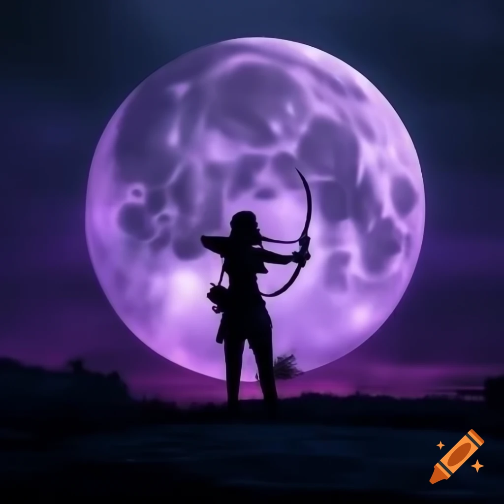 Silhouette of female hunter with bow and arrow against giant purple full moon