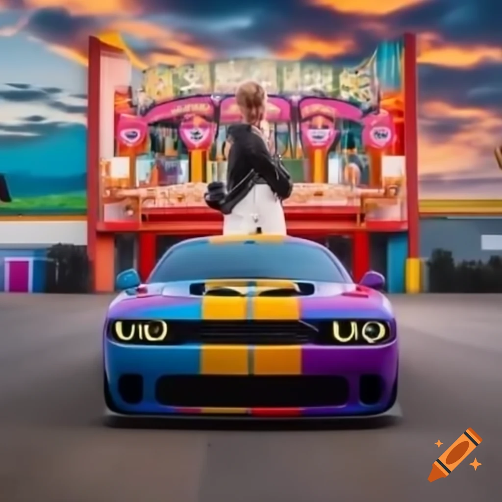 Colorful fun character beside a Dodge Charger Daytona with large spoiler