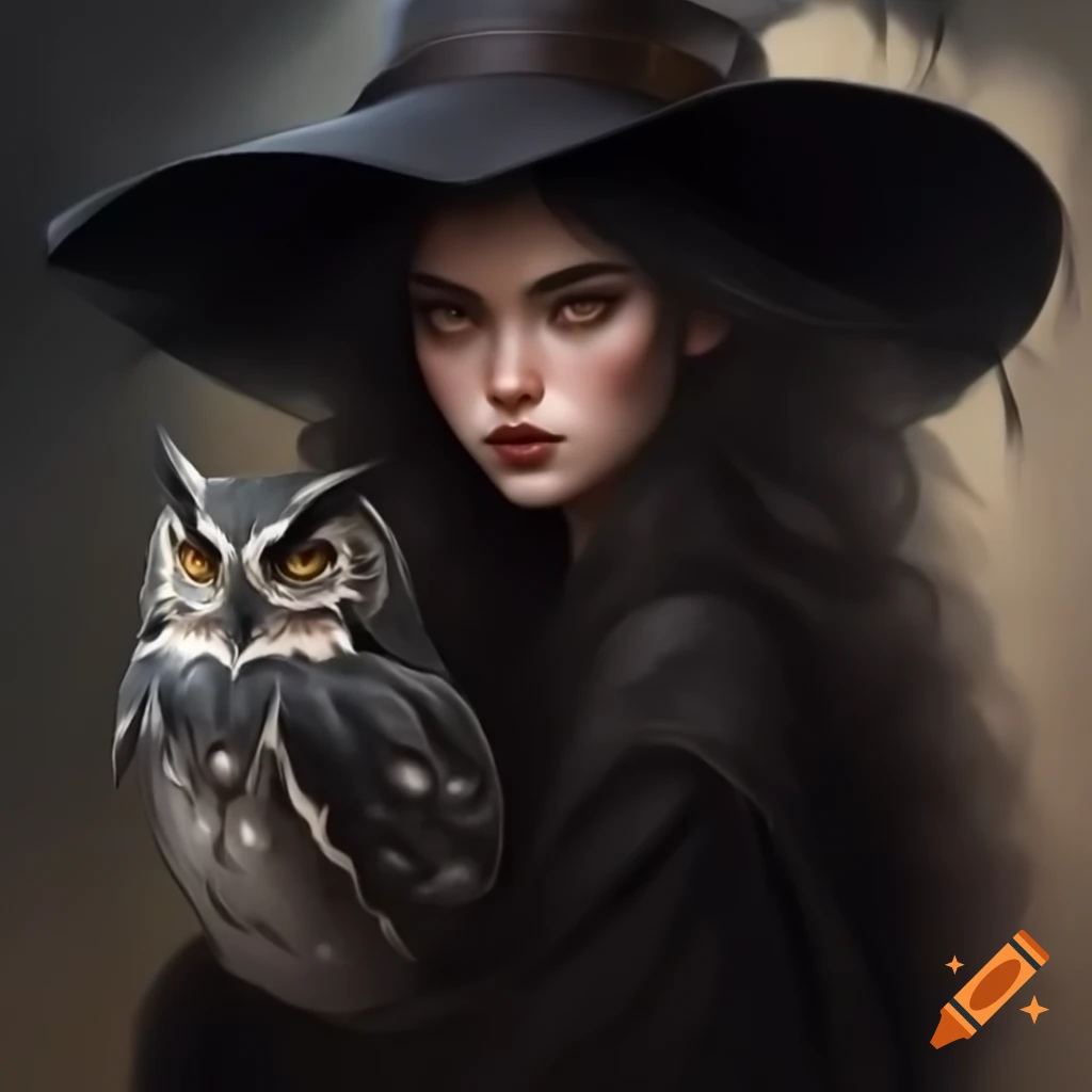 Witch with dark hair and owl familiar sitting on her shoulder, semi-realistic painting