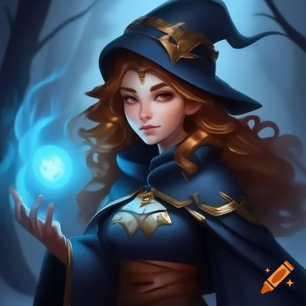 Young female sorceress in indigo cloak and pointed hat, digital art