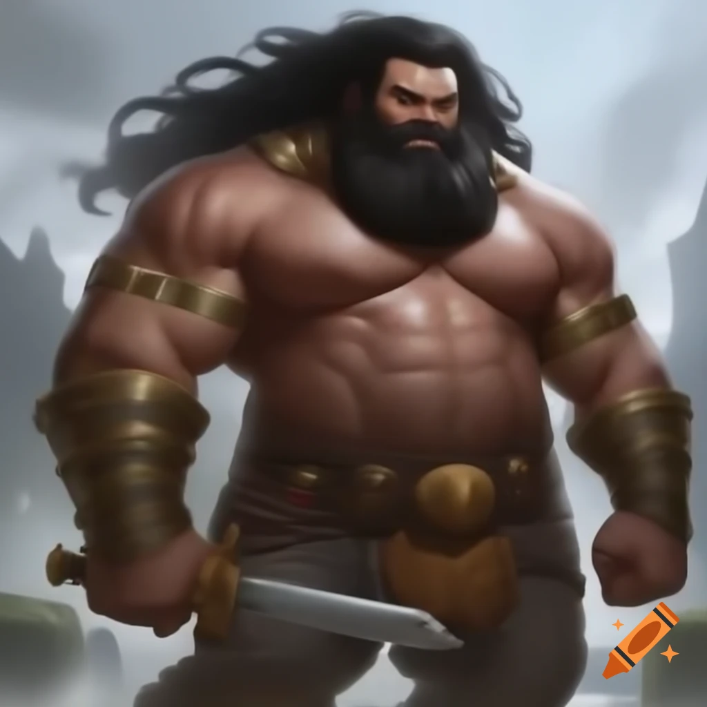Muscular male warrior with brown skin, long black hair, and golden accessories in light pants