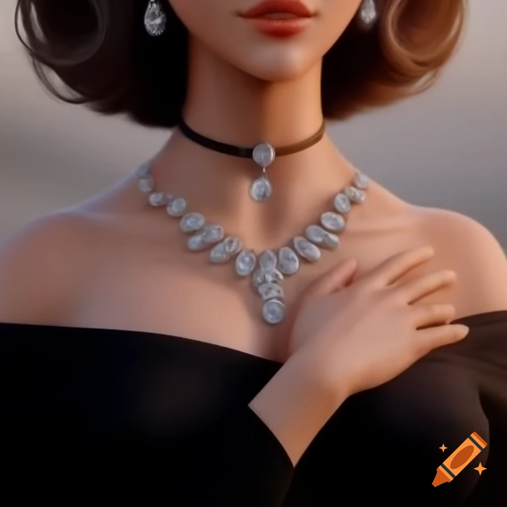 Close-up of woman's neck and collarbone in elegant off-shoulder black dress  with diamond necklace on Craiyon