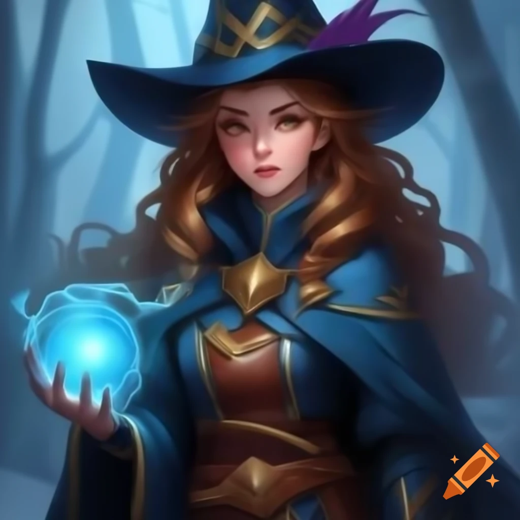 Young female sorceress in indigo cloak and pointed hat, digital art