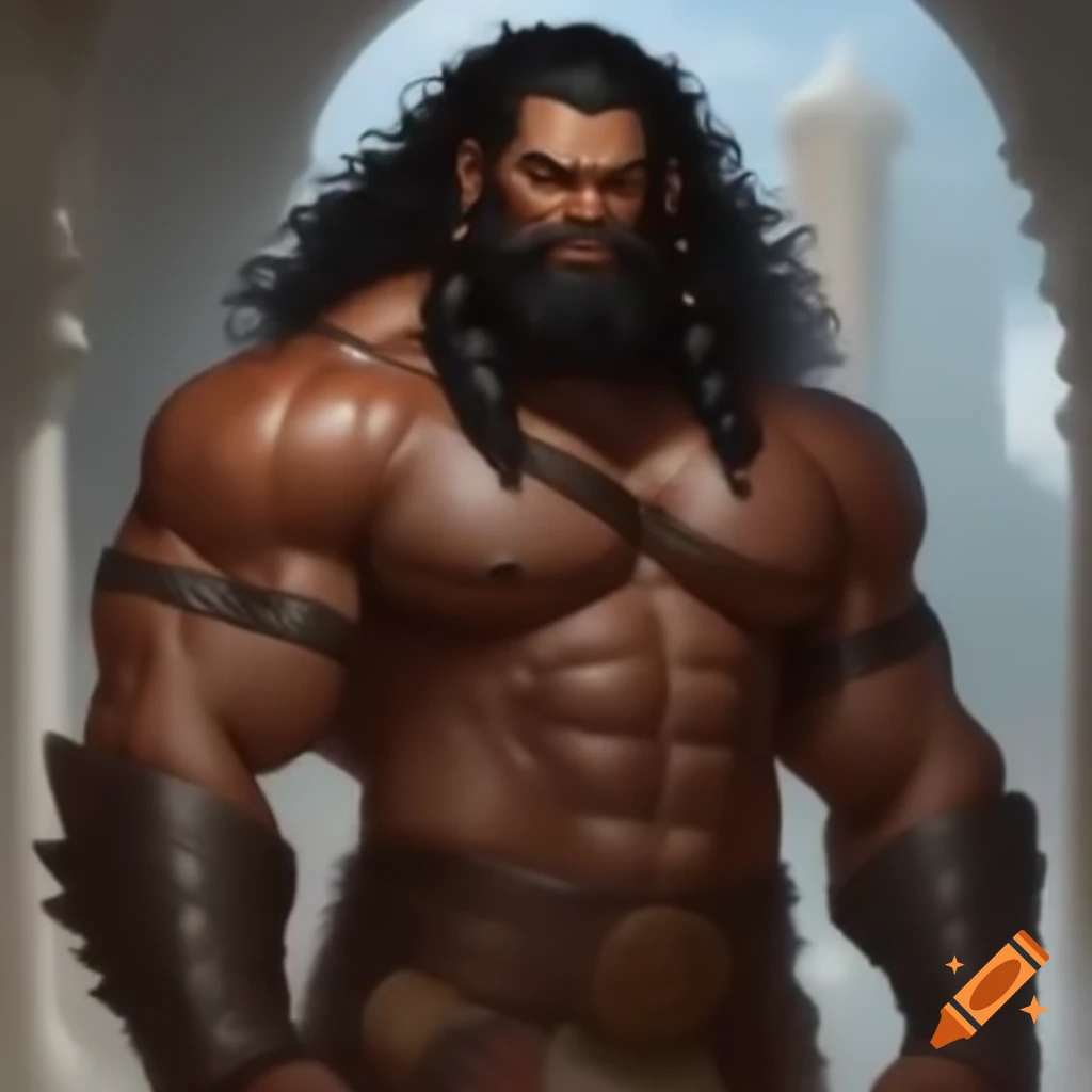 Muscular male warrior with brown skin, long black hair, and golden accessories in light pants