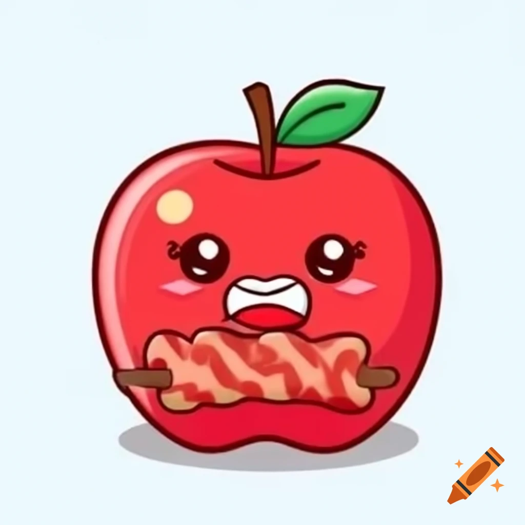 Cute cartoon red apple with face eating bacon