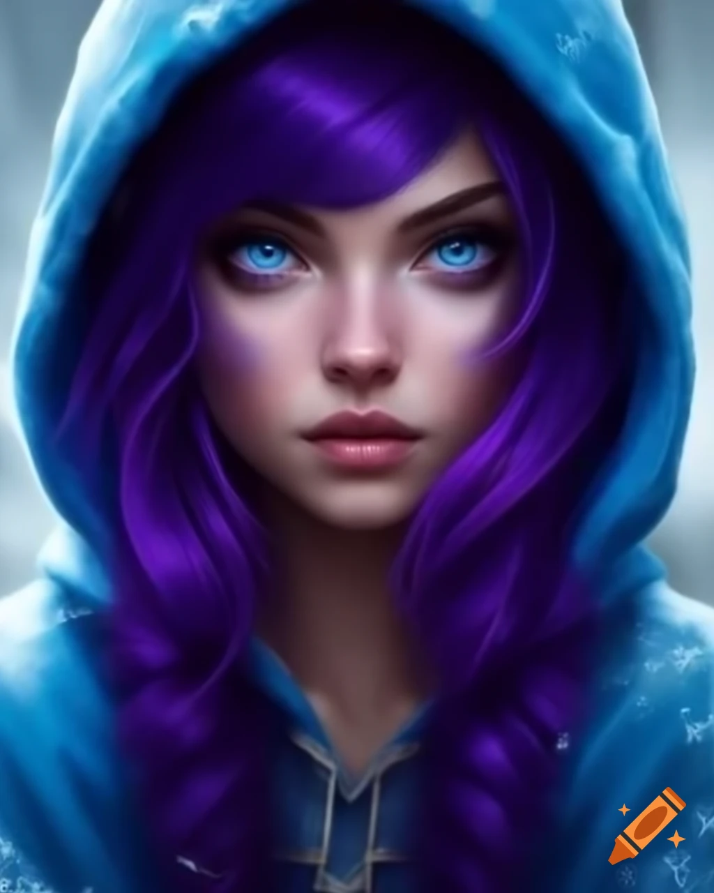 Realistic portrayal of a woman with blue eyes and deep purple hair ...